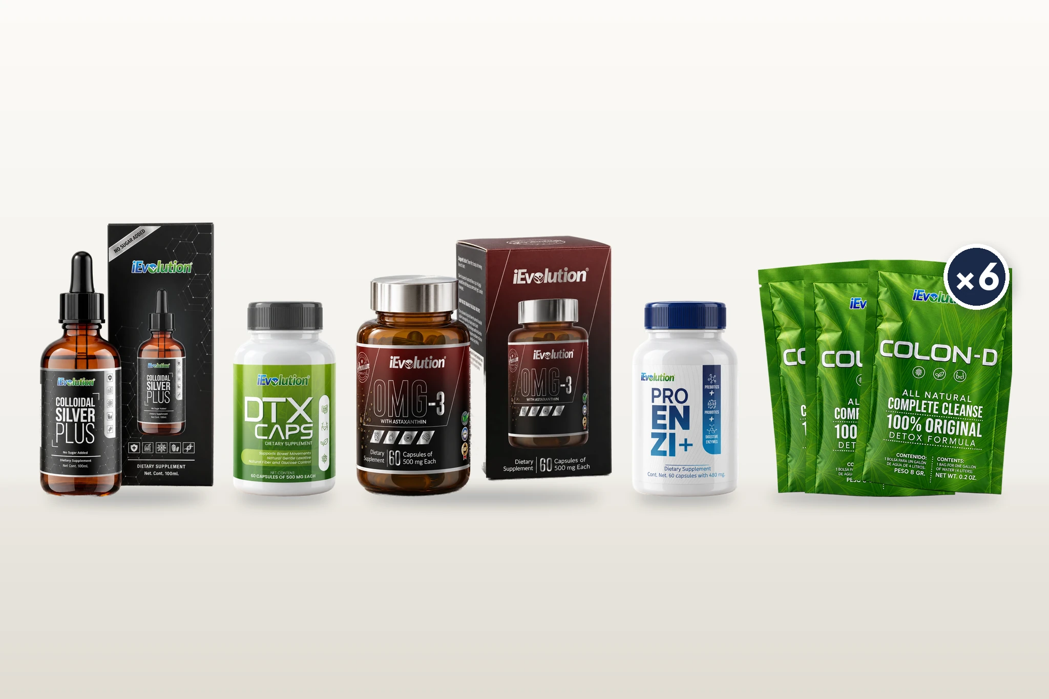What’s in the Healthy Digestion Bundle: Colloidal Silver Plus, DTX Caps, OMG-3, Proenzi+ and six bags of Colon-D, side by side