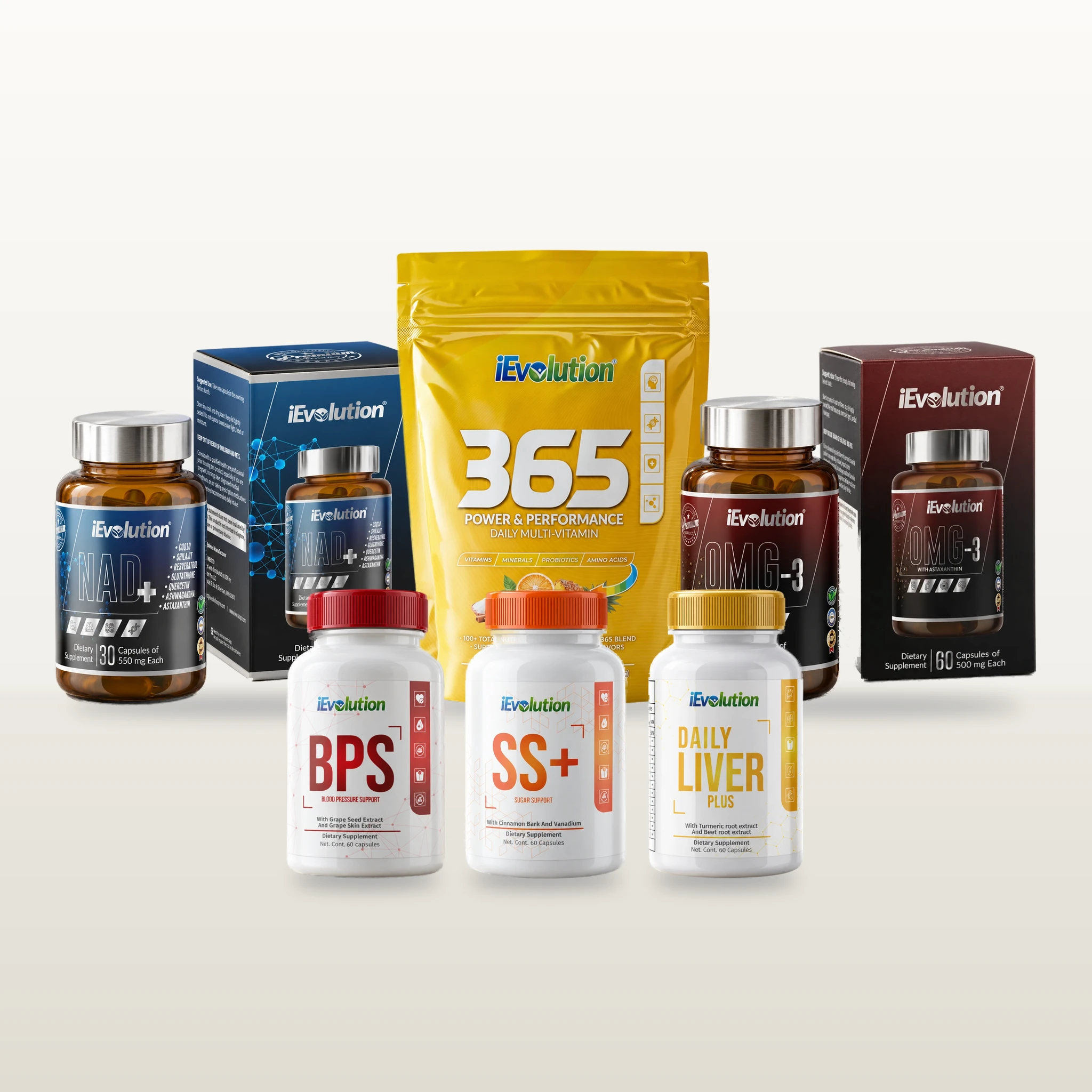 The six products of the Healthy Blood Pressure & Glucose Bundle: 365 – Family Size, OMG-3, BPS, SS+, Daily Liver Plus and NAD+