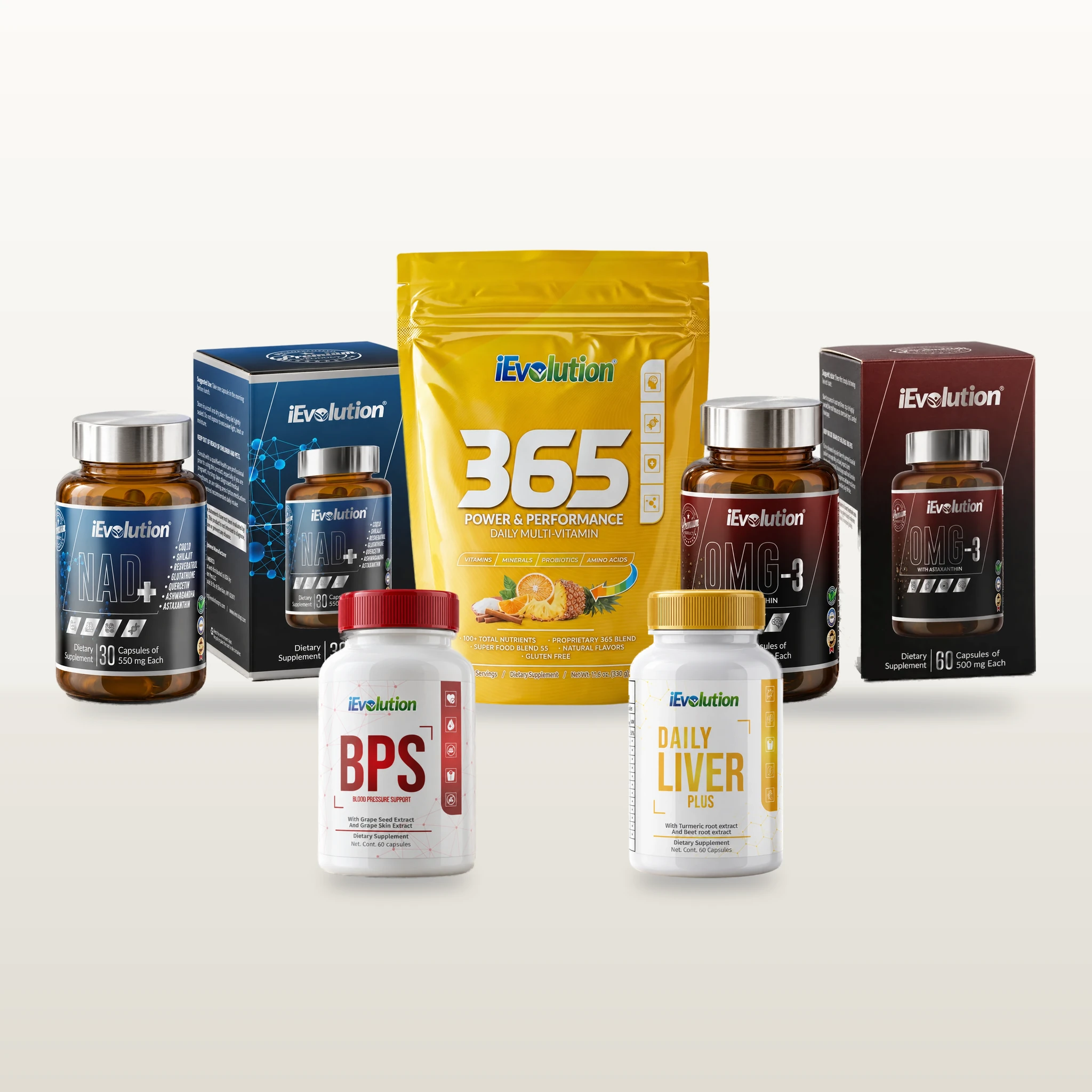 The five products of the Healthy Blood Pressure Bundle: NAD+, BPS, 365 – Family Size, Daily Liver Plus and OMG-3