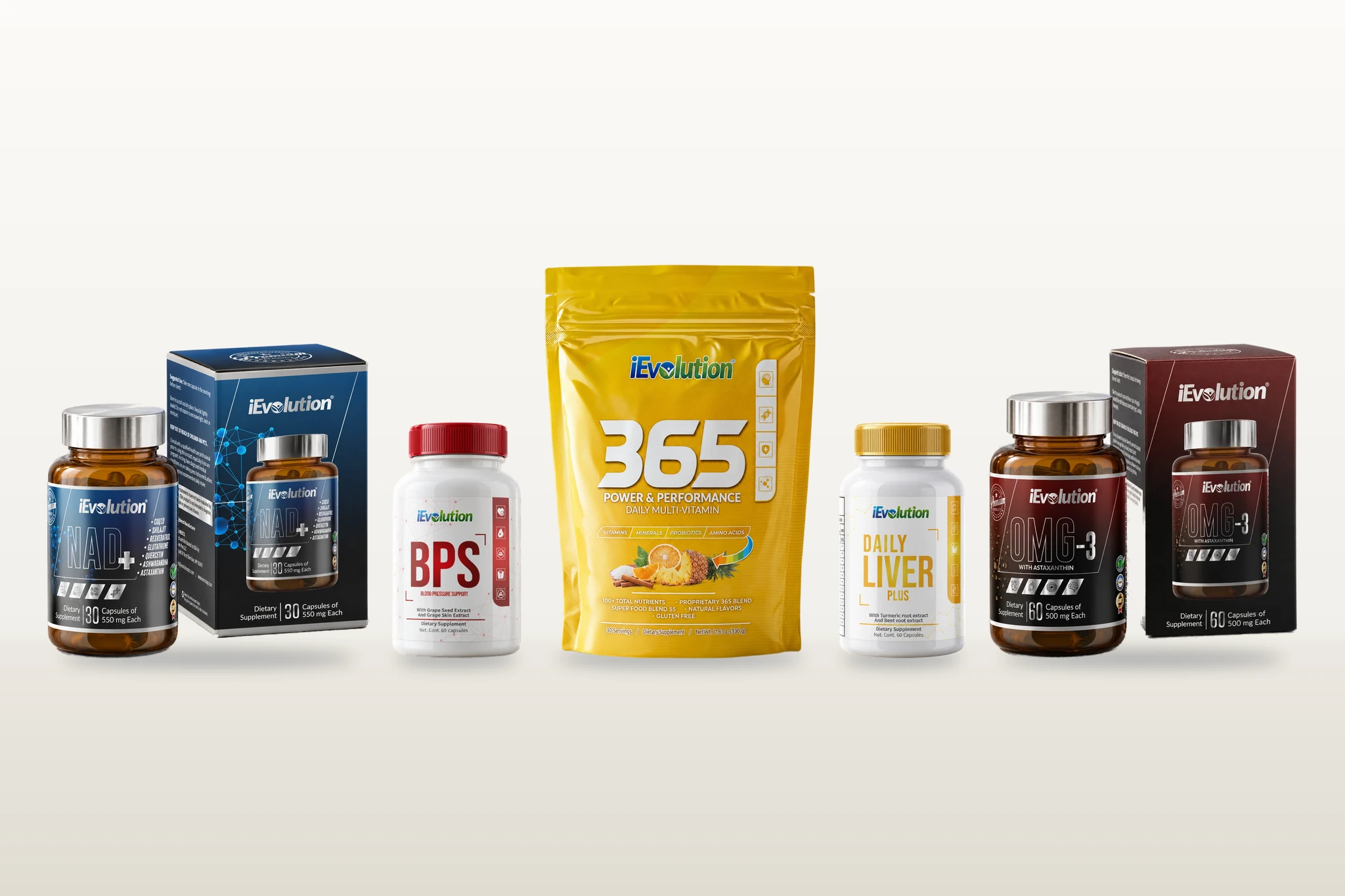 What’s in the Healthy Blood Pressure Bundle, side by side: NAD+, BPS, 365 – Family Size, Daily Liver Plus and OMG-3